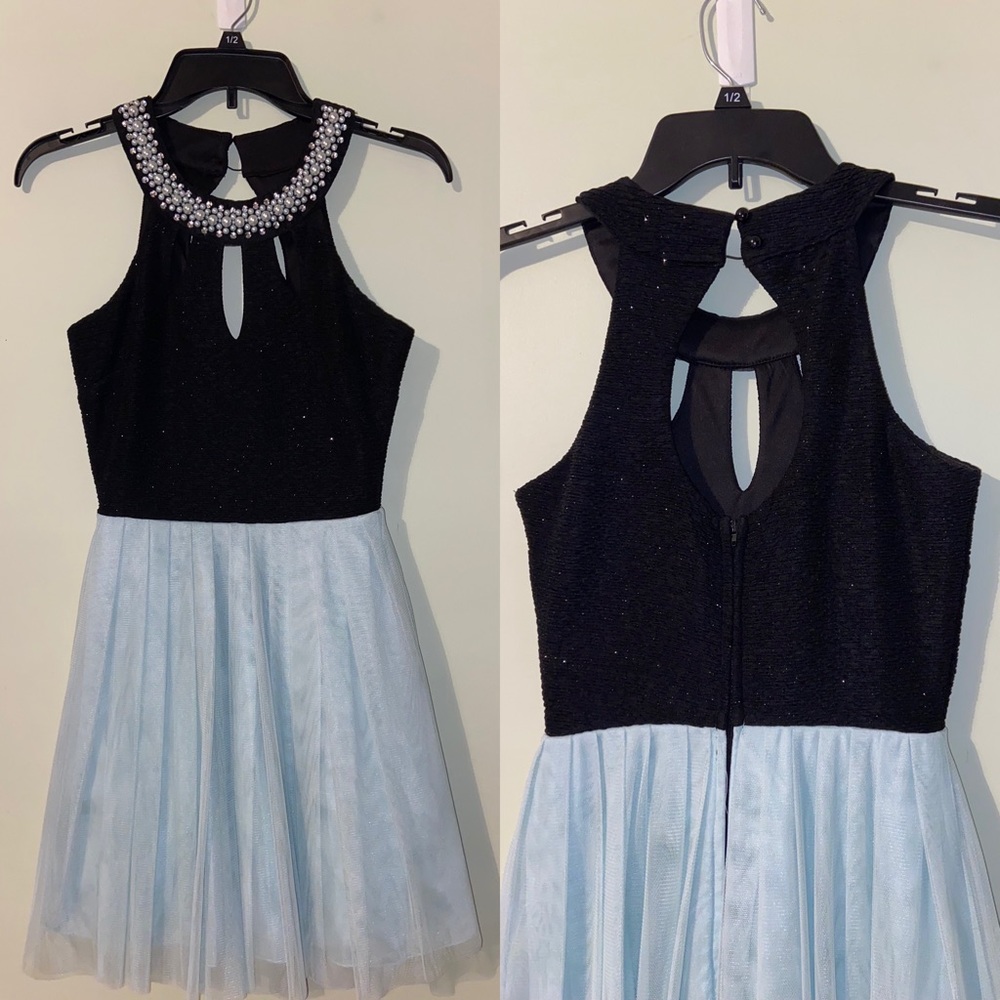 Light Blue and Sparkly Black Dress with Beaded Neckline